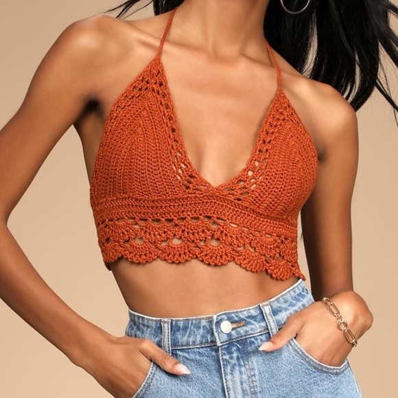 Lulus Let's Run Away Rust Brown Crochet Halter Crop Top - Picture 1 of 6